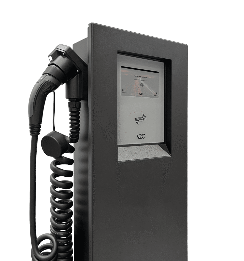 V2C POLE with spring cables (2×22 kW), 8'' Display, 4G, LAN/Wifi, RFID