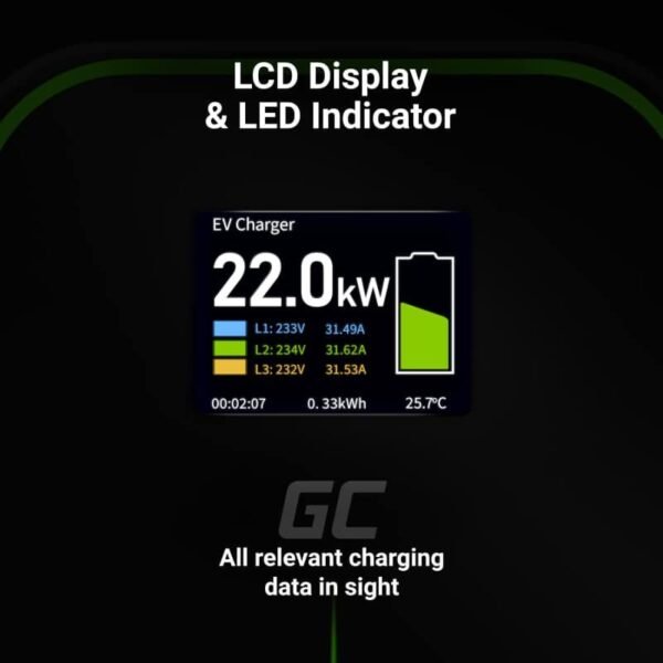 Green Cell Wallbox 22kW with Display & Type 2 socket, RFID