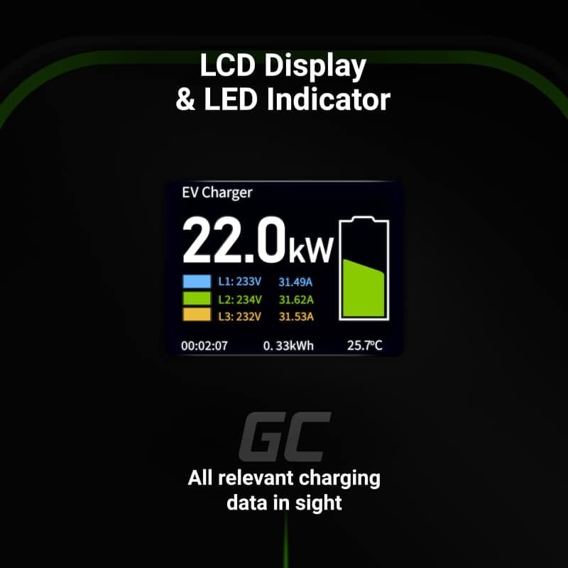 Green Cell Wallbox 22kW with Display & Type 2 socket, RFID - Image 3