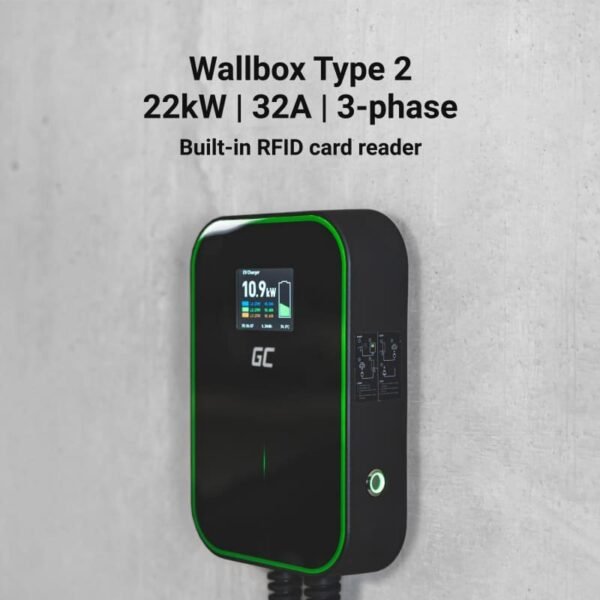 Green Cell Wallbox 22kW with Display & Type 2 socket, RFID