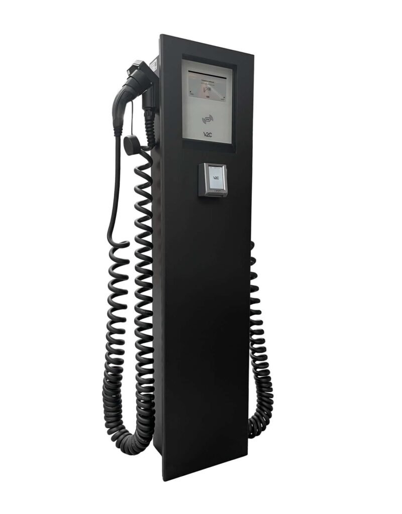 V2C POLE with spring cables (2×22 kW), 8'' Display, 4G, LAN/Wifi, RFID